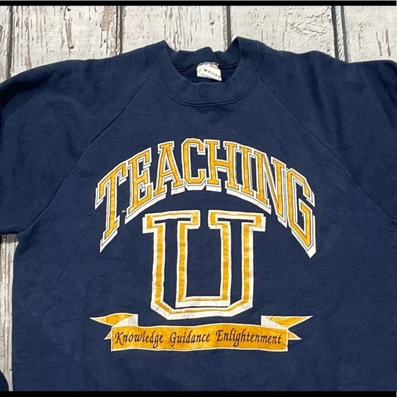Vintage 1980 Teaching University Blue 80s Crewneck Pullover Sweatshirt - Picture 2 of 7